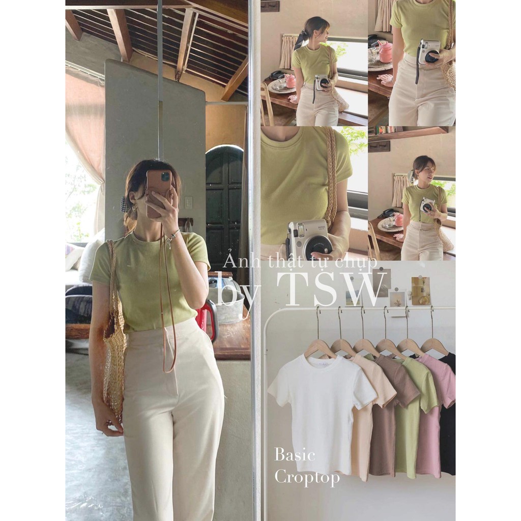 Áo basic croptop thun tăm dáng ôm cổ tròn Hàn Quốc 2 kiểu cộc/dài tay (Ảnh thật) | BigBuy360 - bigbuy360.vn