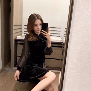 Đầm sườn xám cách tân dáng chữ a màu đen phong cách Hepburn