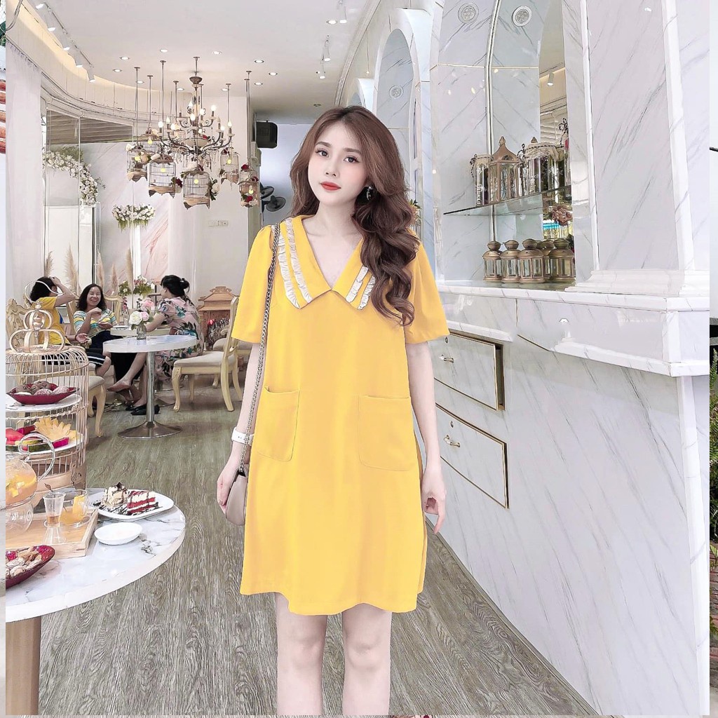 Váy bầu thời trang thiết kế cổ bèo M130 chất đũi hàn freesize từ 45 đến 70kg