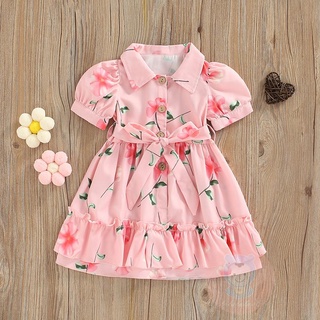 LAA6-Girl Floral Dress, Short Sleeve Lapel Neck Button Front Tie Up Straps Waist Ruffle Hem Princess Dress