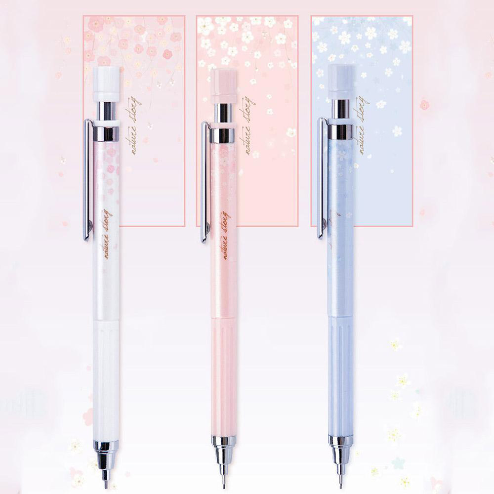 Set Bút Chì Bấm Ngòi 0.5mm Vỏ Cao Su Họa Tiết Hoa Anh Đào Dễ Thương
