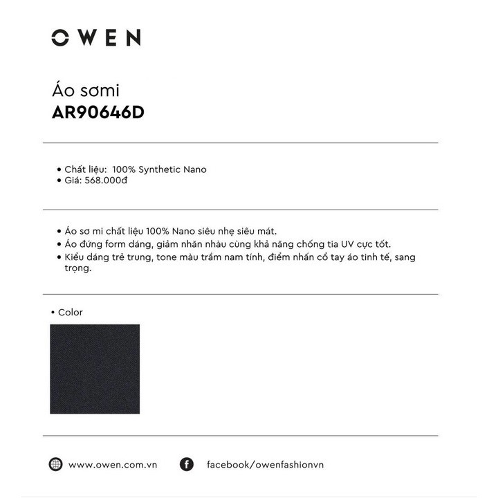 (ẢNH THẬT) OWEN - Áo sơ mi dài tay Owen regular fit màu đen trơn 90646 CAM KẾT CHÍNH HÃNG