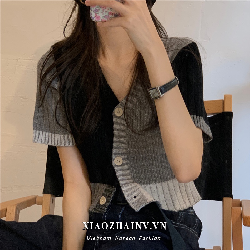 Áo croptop XIAOZHAINV tay ngắn cổ chữ V phong cách cổ điển cho nữ