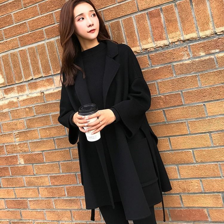 Áo khoác len dáng dài màu đen phong cách Hàn Quốc thời trang thu đông 2023 cho nữ