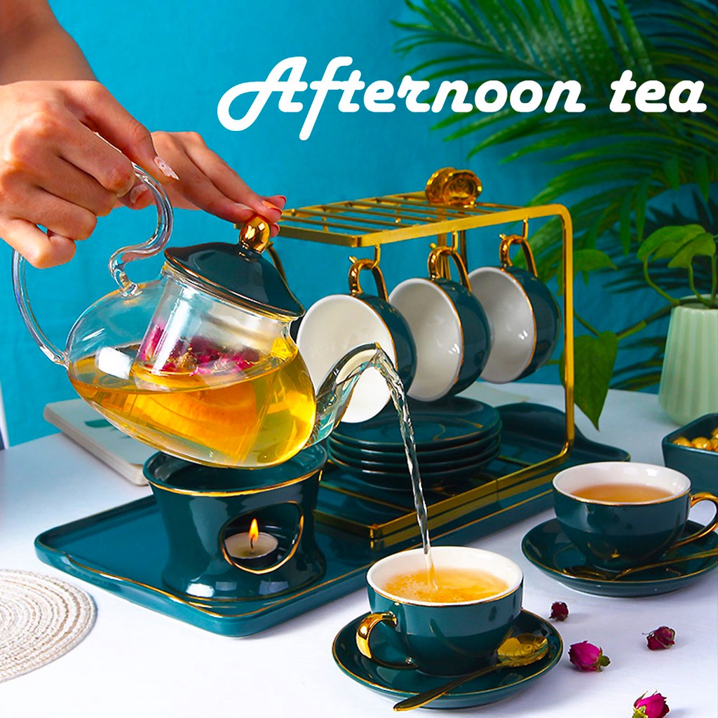 Bộ ấm trà sứ Hoàng Gia thuỷ tinh cao cấp Viền Vàng + Tặng khay và kệ để siêu xinh cho buổi trà chiều thơ mộng