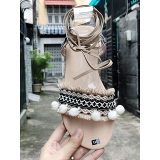 Giày sandal thổ cẩm cột dây màu da (hình thật)