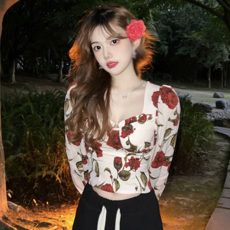 Áo Sơ Mi Cổ Vuông Tay Dài In Hình Hoa Hồng Phong Cách Hàn Quốc vintage Thời Trang