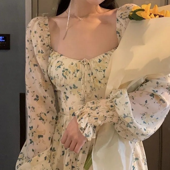 Hàng Mới Về Đầm Ngắn Chữ a Tay Dài Cổ Vuông Nhấn Eo Thời Trang Mùa Thu Hàng Mới