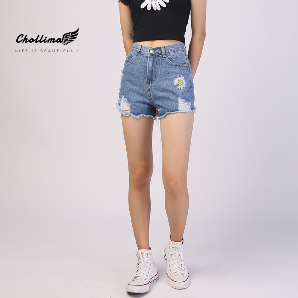 Quần short jeans nữ Chollima tua lai thêu 1 hoa cúc QS014 – quần sọc jeans nữ ulzzang