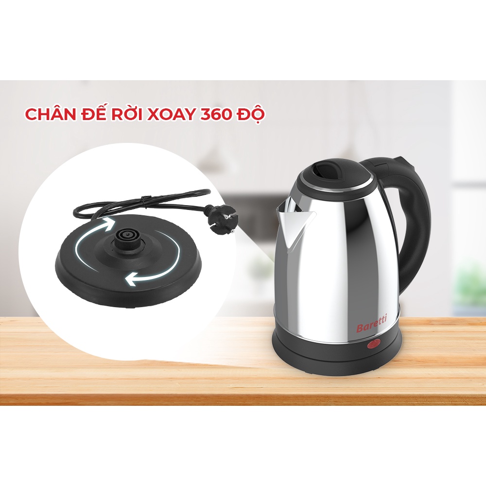 Ấm Siêu Tốc Inox - Bình Đun Nước Siêu Tốc Inox Baretti BRD180 - Hàng Chính Hãng (Bảo Hành 12 Tháng)