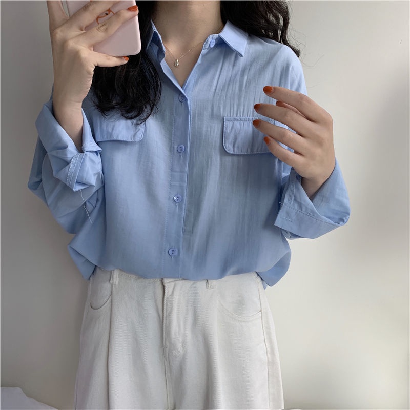 Áo Sơ Mi Nữ Dài Tay Cổ Bẻ Form Rộng Màu Trơn Thời Trang Hàn