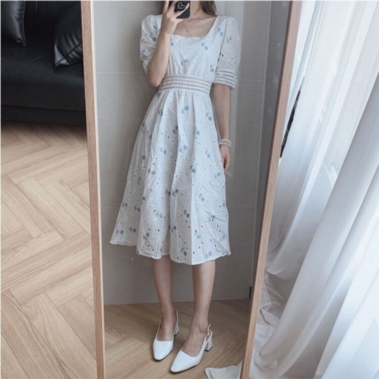 Đầm Dài Tay Phồng Cổ Vuông Thêu Họa Tiết Hoa Phong Cách Hàn Quốc Thời Trang Mùa Hè Cho Nữ
