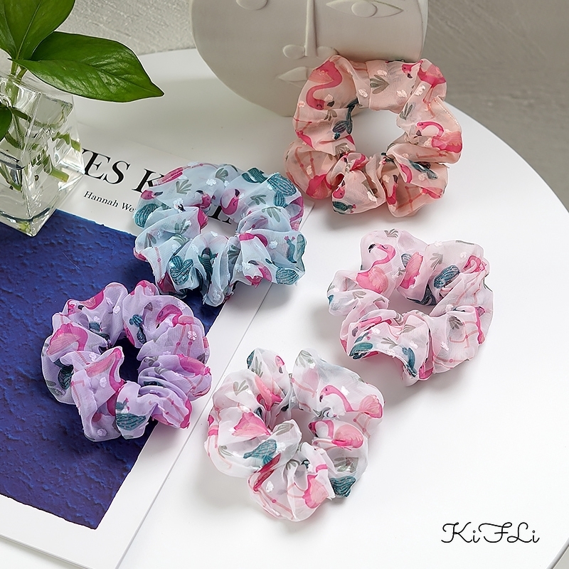 Dây Buộc Tóc Chiffon Họa Tiết Chim Hồng Hạc Dễ Thương Cho Nữ KIFLI