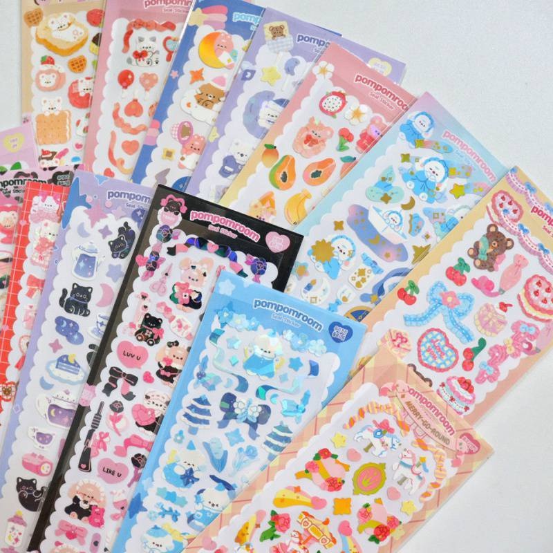 STICKER HÌNH DÁN GẤU VÀ THỎ POMPOMROOM TRANG TRÍ TOPLOADER, SỔ TAY
