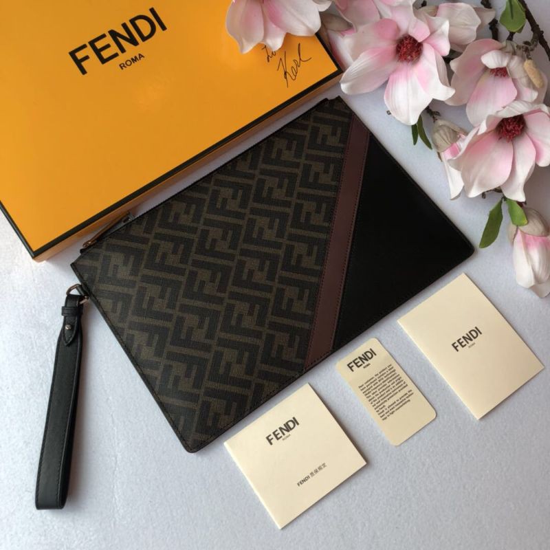 clutch cầm tay nam da thật dáng dài kéo khóa có quai cầm họa tiết hình chữ F Fendi FD