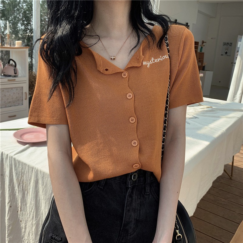 Áo dệt kim ZHELIHANGFEI tay ngắn cổ chữ V thêu chữ phong cách Hàn Quốc thời trang mùa hè cho nữ