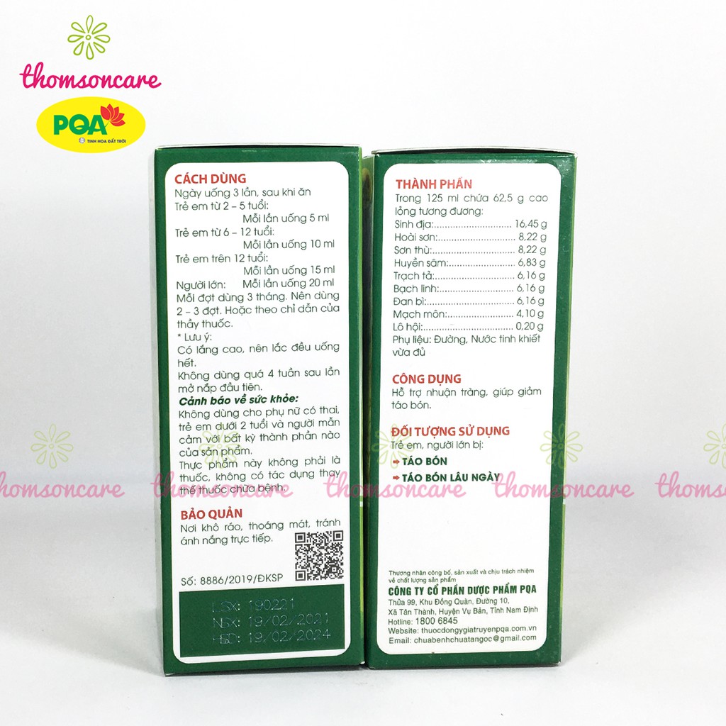 Siro Nhuận Tràng PQA - Giúp nhuận tràng, ngăn ngừa táo bón, trĩ ở người lớn và trẻ em - Chai 125ml