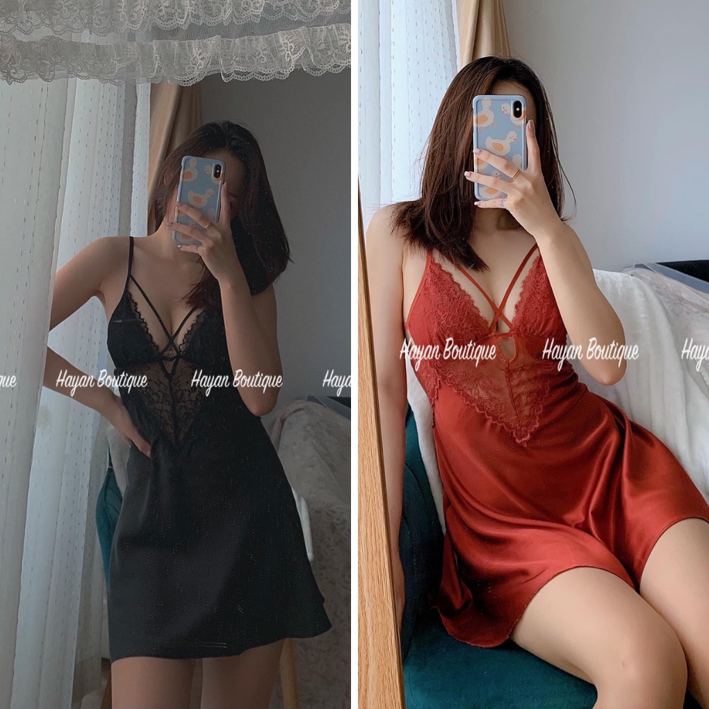 Váy ngủ sexy dây chéo ngực viền ren, đầm ngủ mặc nhà gợi cảm #HT150