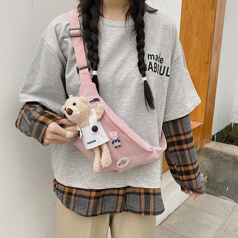 Túi canvas Đeo Chéo Ngực Hình Gấu Nhỏ Dễ Thương Thời Trang Năm 2021 Dành Cho Học Sinh Nữ