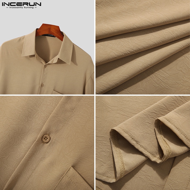 Áo sơ mi INCERUN ngắn tay màu sắc đơn giản dành cho nam