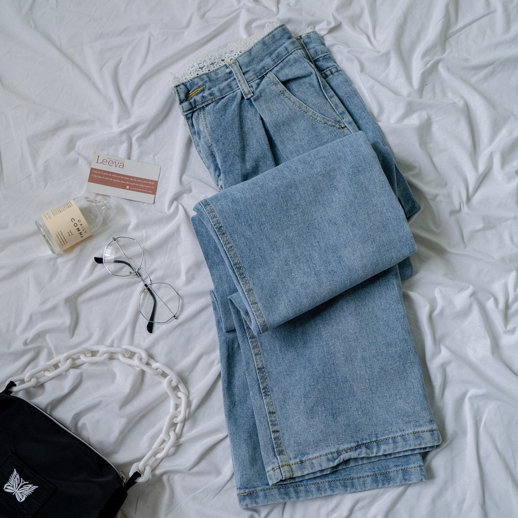 LEEVA - Quần jeans nữ dài phối ren ống rộng Q025