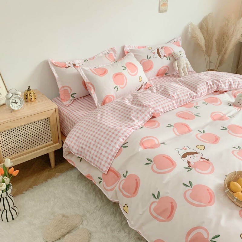 Set Chăn Ga Đào Hồng Cam Ga Kẻ Caro Cotton Poly Bé Gái Siêu Xinh (Shinbedding.shop)