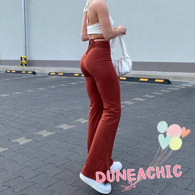 DUNEA Quần Ống Loe Lưng Cao Màu Trơn Thời Trang Cho Nữ