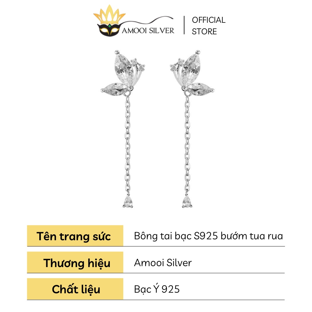Bông Tai Bạc S925 Dáng Dài Hình Bướm Đính Đá Phối Tua Rua - Amooi Silver AB68