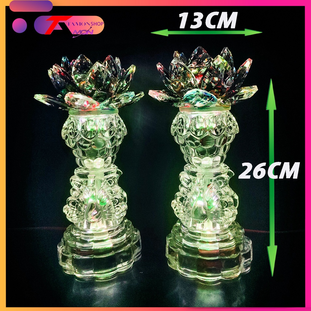 Cặp đèn thờ pha lê cầu hoa sen dưới chân có Thiên Nga sáng từ chân đến gọn đèn, đèn thờ gia tiên (PL-33)