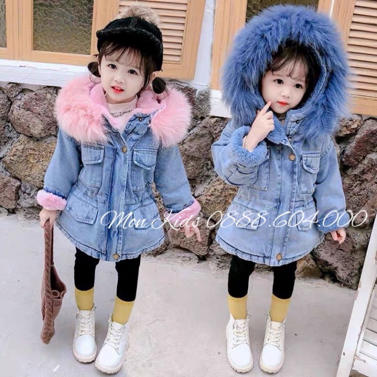 [ ẢNH THẬT ] Áo khoác jean cho bé, áo jean xanh lót lông siêu ấm có mũ bé từ 8-22kg