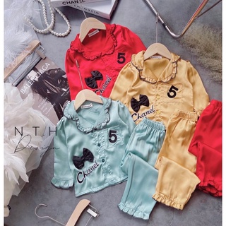 BG772- Pizama Lụa Bé Gái Đính Nơ CN