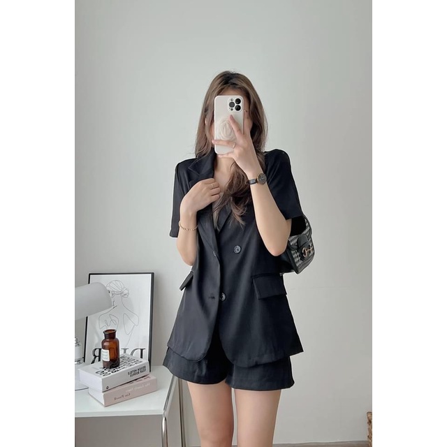 [ẢNH THẬT]Bộ blazer Trơn Xẻ Tay sang chảnh màu đen trơn-Set dáng suông rộng trượt vạt bầu dáng rộng- áo vét khoác vestt