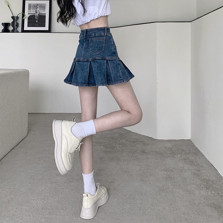 COZOK Chân váy jean Lưng Cao Phối Bèo Phong Cách Vintage Thời Trang
