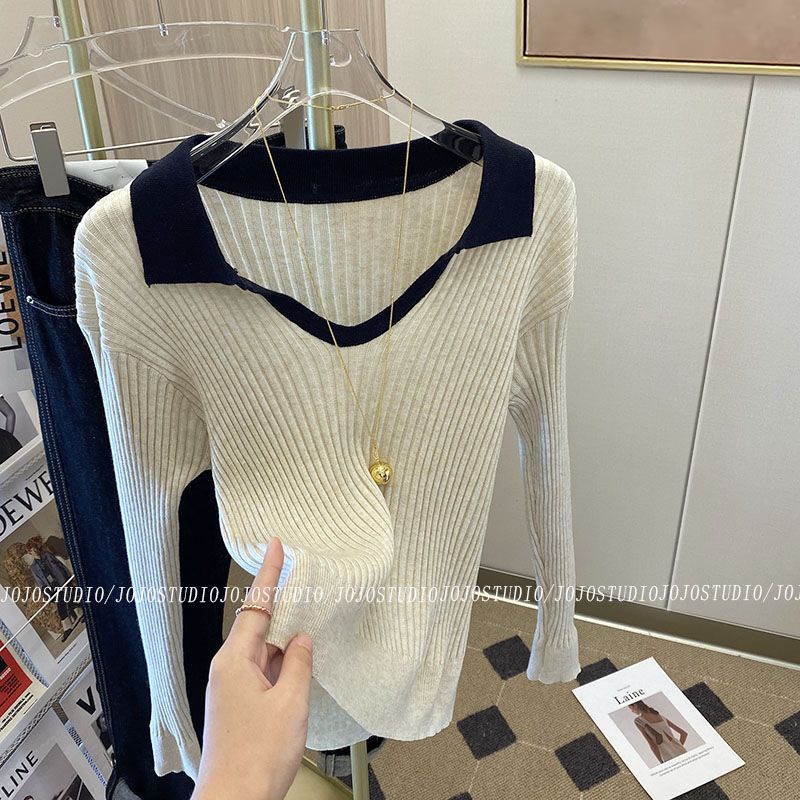 Áo Sweater Dệt Kim Tay Dài Cổ polo Phong Cách Mới Mùa Thu Cho Nữ
