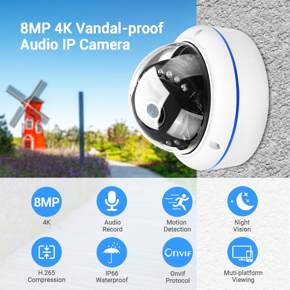 Camera giám sát an ninh HAMROL 4K 8MP Ultra HD IP Po H.265 Onvif bằng kim loại chống phá hoại