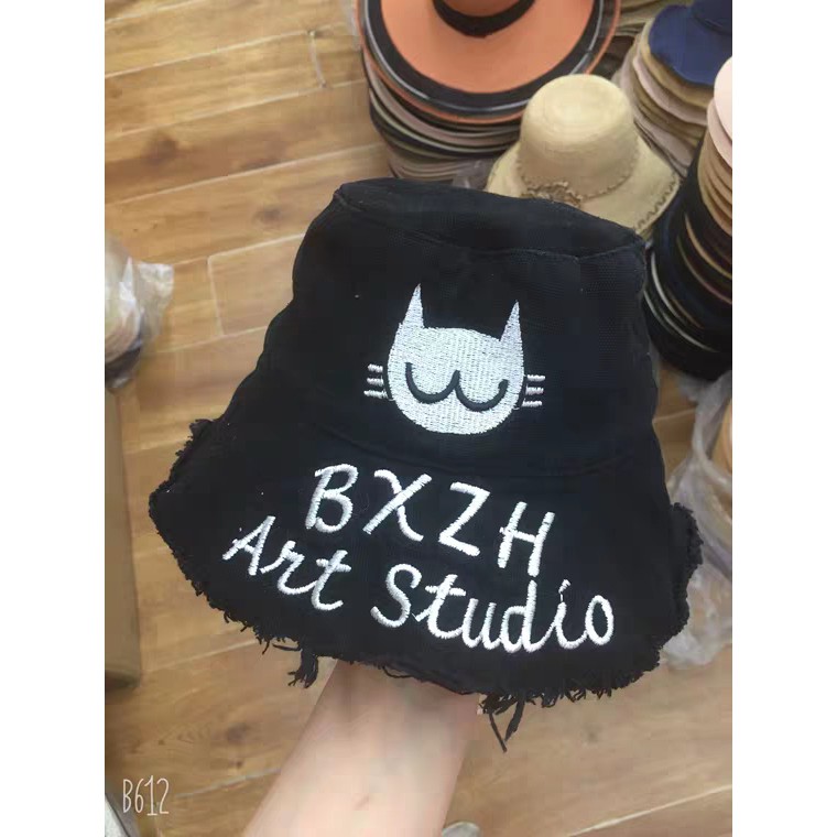 Mũ Bucket Tua Thêu Mèo Đáng Yêu Nón Tai Bèo Rách
