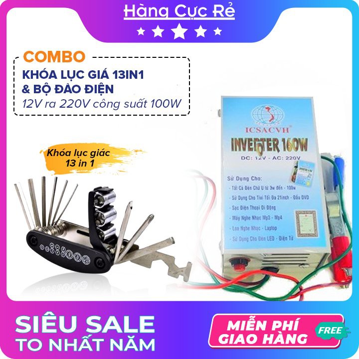 Combo 1 Bộ đảo điện 12V ra 220V công suất 100W phát sáng đèn các loại + 1 Bộ khóa lục giá 13in1 - Shop Hàng Cực Rẻ