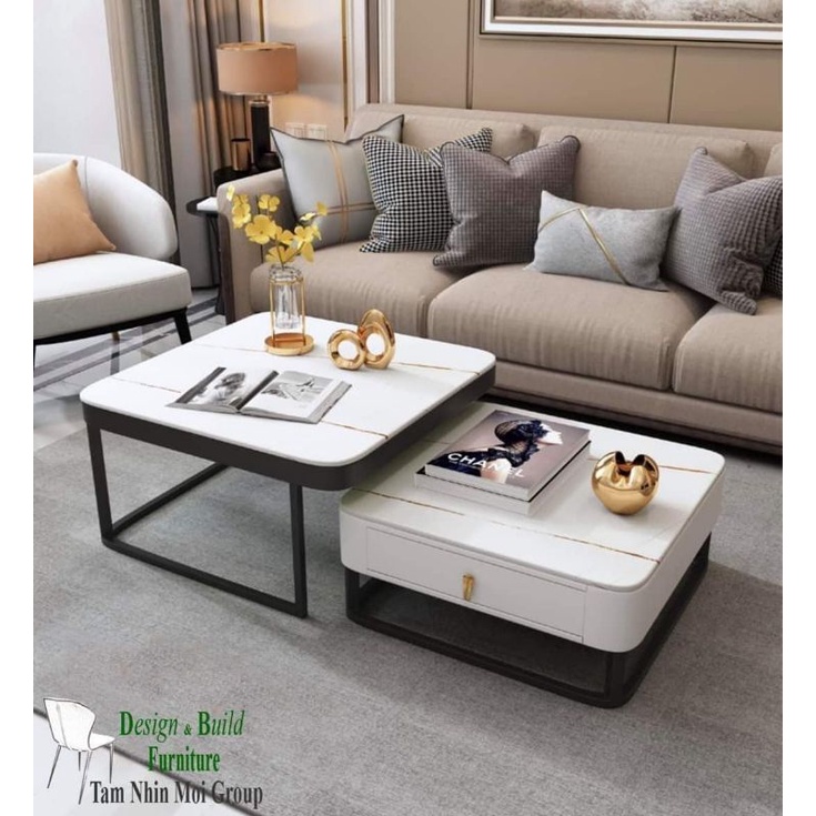 Bàn Trà, Bàn Sofa 🔥FREESHIP🔥 Hộc Vuông Mặt Đá chống trầy, chống thấm, ố, Chân bàn Sắt Sơn Tĩnh Điện
