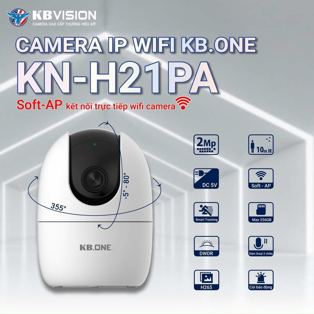 Camera Wifi không dây KBONE KN-H21PA HD 2MP , xoay 360 độ, âm thanh 2 chiều