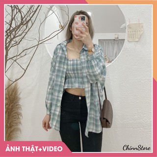 Set Đồ Nữ 🛑FREESHIP🛑 Set Áo Sơ Mi Kèm Áo Hai Dây Bo Chun Ngực [ẢNH THẬT + VIDEO]