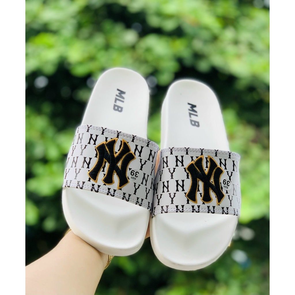 Dép 𝐌𝐋𝐁 UNISEX mẫu dép thể thao ❤️Freeship + Hộp ❤️ Dép NY bóng chày quai ngang nam nữ chữ thêu nỗi kèm ful tag mác CC