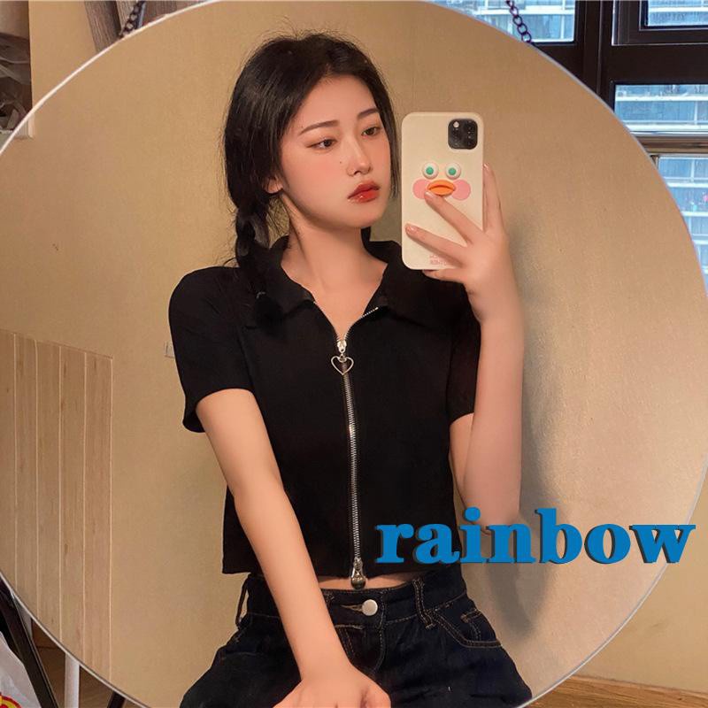 Áo Croptop Dệt Kim Tay Ngắn Dáng Rộng Màu Sắc Cầu Vồng Phối Khóa Kéo Thời Trang Cho Nữ | BigBuy360 - bigbuy360.vn