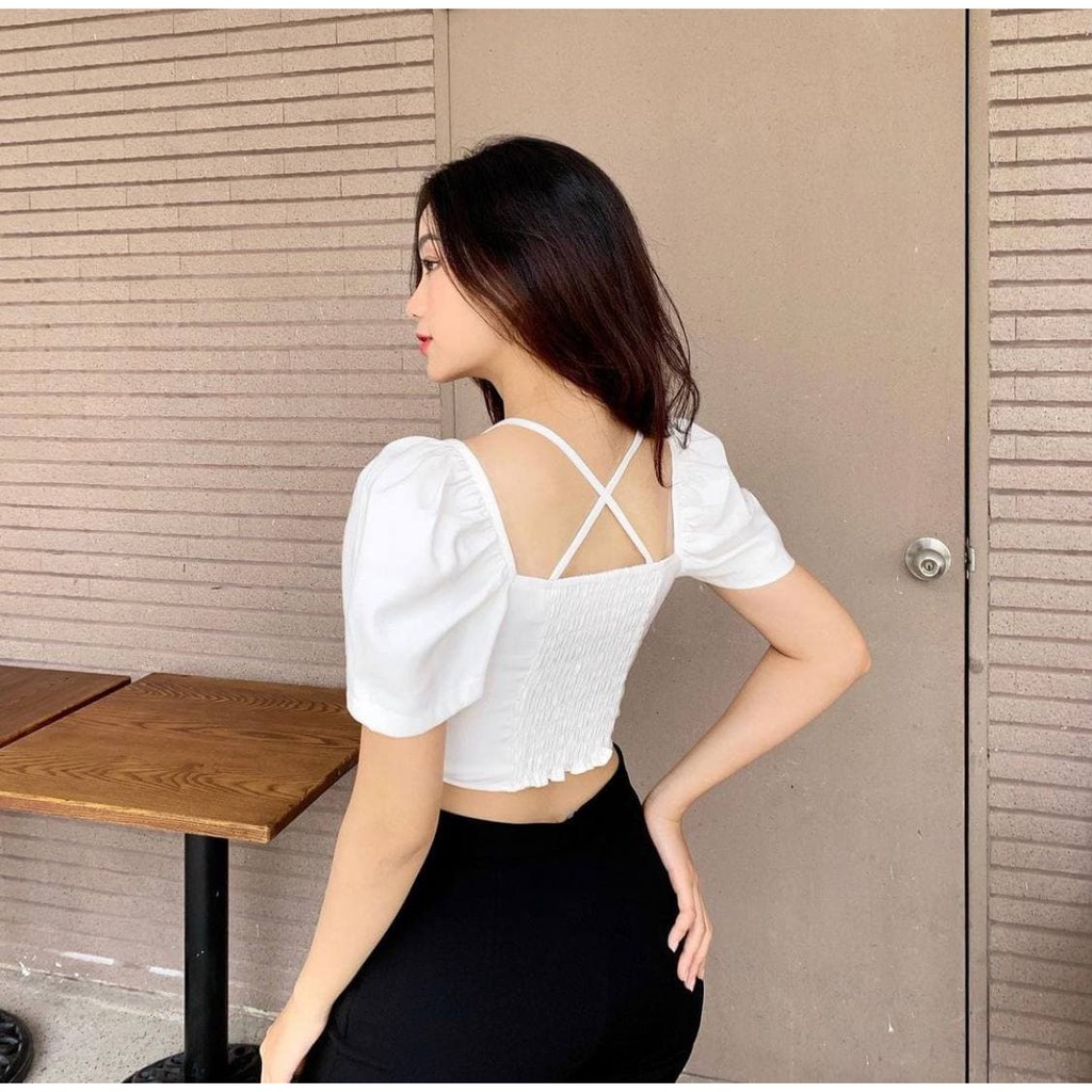 Áo Croptop Dây Đan Chéo Lưng Có Tay YUMMY (TRẮNG)