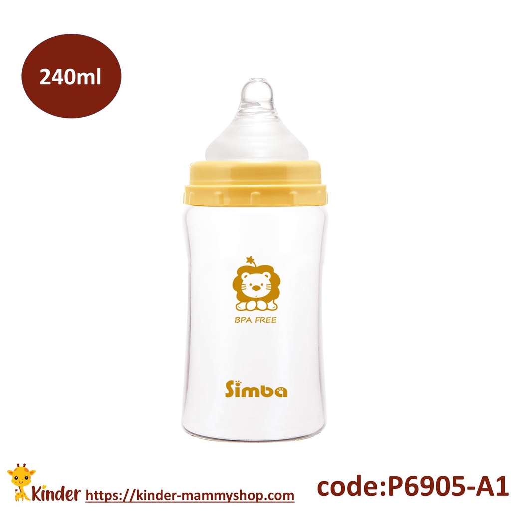Bình sữa 240ml thủy tinh hồ lô cổ rộng siêu nhẹ Simba P6905-A1