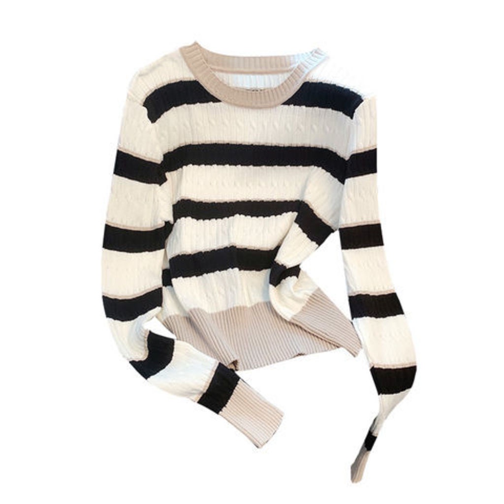 Áo Sweater Dệt Kim Mỏng Kẻ Sọc Màu Tương Phản Kiểu Retro Phương Tây Thời Trang Mùa Thu Cho Nữ