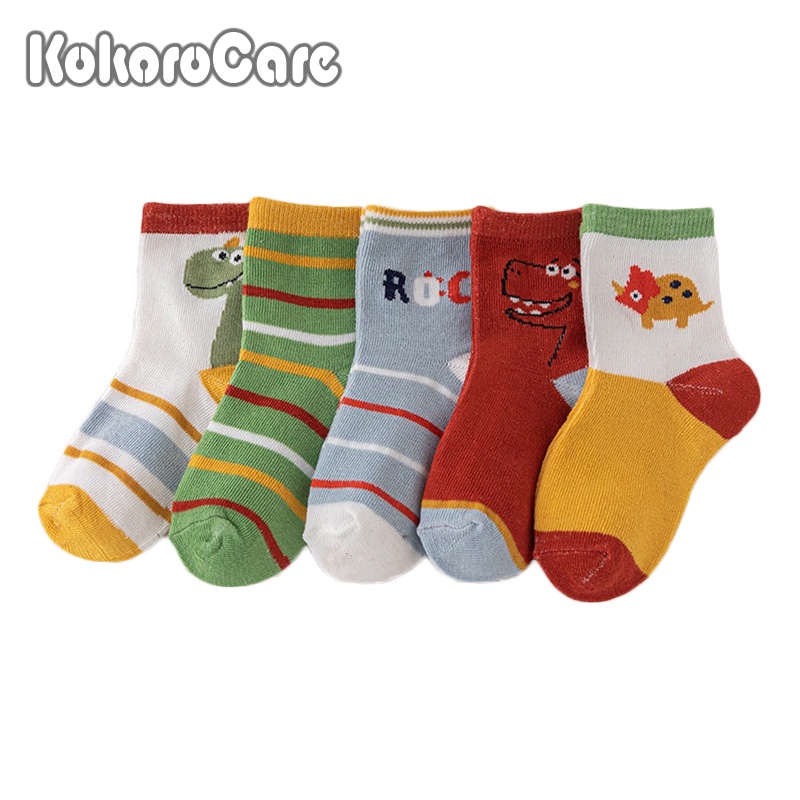Set 5 đôi vớ KokoroCare MH-06 chất vải cotton chải kỹ họa tiết khủng long dễ thương size M/L/XL cho bé 3-12 tuổi