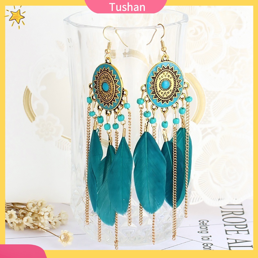 Đôi Bông Tai Dáng Dài Phối Lông Vũ Phong Cách Vintage Cho Nữ