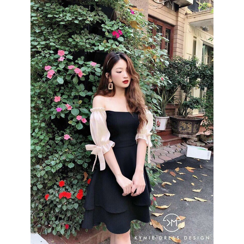 Đầm xòe tầng trễ vai kết nơ xinh xắn