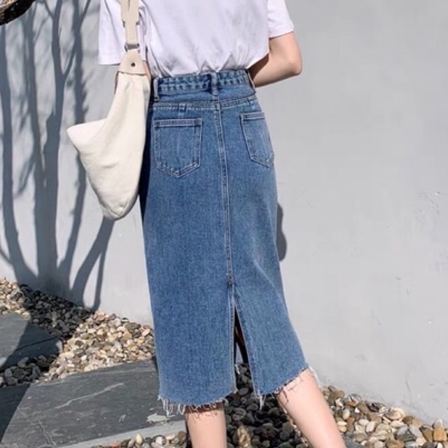 Chân váy nữ cạp cao, chân váy midi tua gấu xẻ sau phong cách_A10