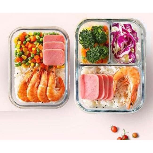 Hộp cơm thủy tinh chia ngăn, 3 ngăn dung tích 1L, 1,5L hộp cơm chia ngăn chống tràn, có thể dùng trong lò vi sóng
